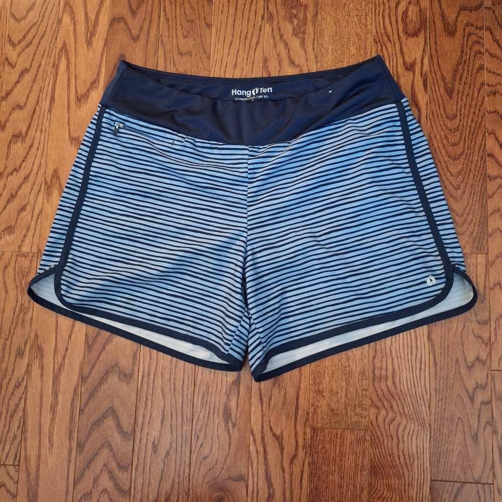 Hang Ten Women's Navy & Light Blue Striped Athletic/ Swim Shorts.